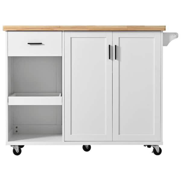 tunuo White Wood 47.2 in. Kitchen Island with Foldable Counter Top, Slide-Out Shelf, Towel Rack and Drawer