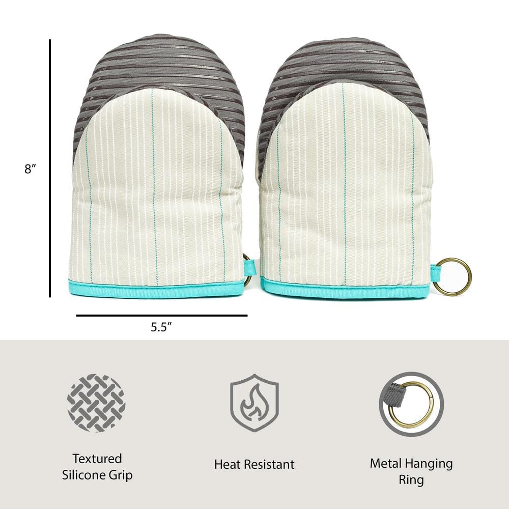 Beige Striped Cotton Mini Oven Mitts with Silicone Palm Set