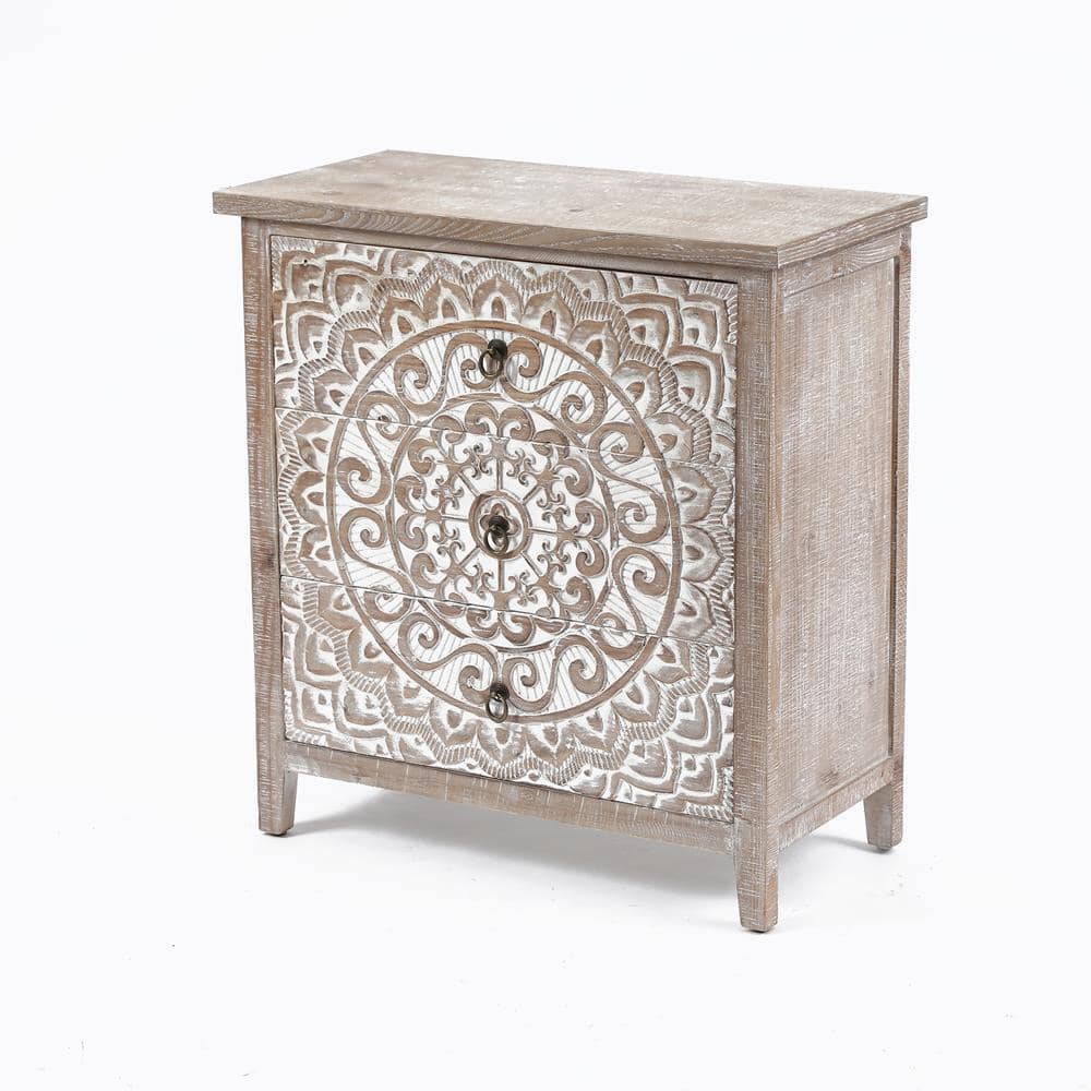 Rustic Whitewashed Fir Wood Floral Three-Drawer Chest