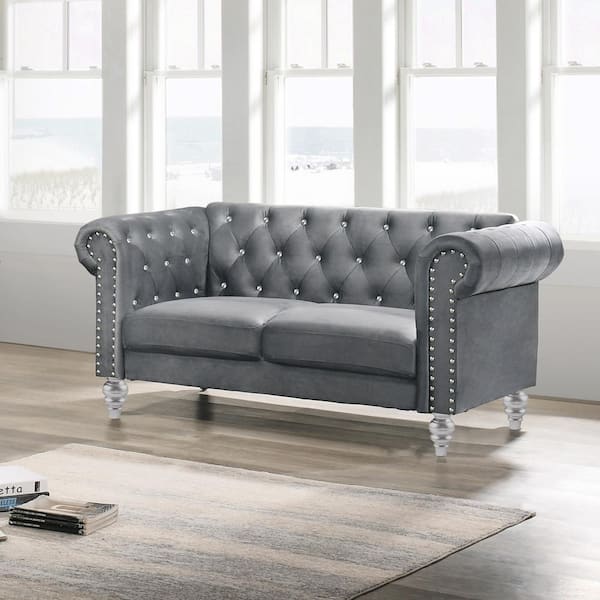 NEW CLASSIC HOME FURNISHINGS New Classic Furniture Emma 62 in. Gray Polyester 2-Seater Loveseat with Crystal Tufted Back