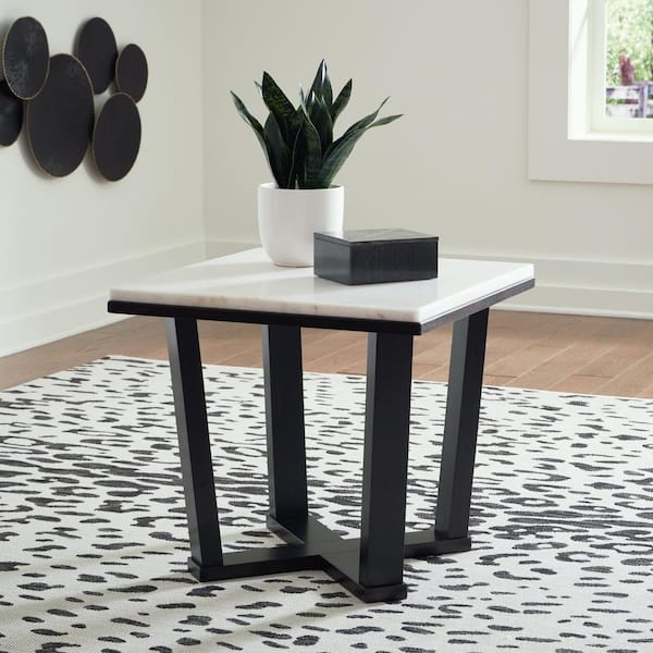 Signature Design By Ashley Fostead 23.88 in. White / Dark Brown Square Marble End Table with Cross Base