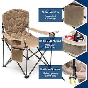 Kahki Metal Patio Folding Beach Chair Lawn Chair Outdoor Camping Chair with Side Pockets and Built-In Opener