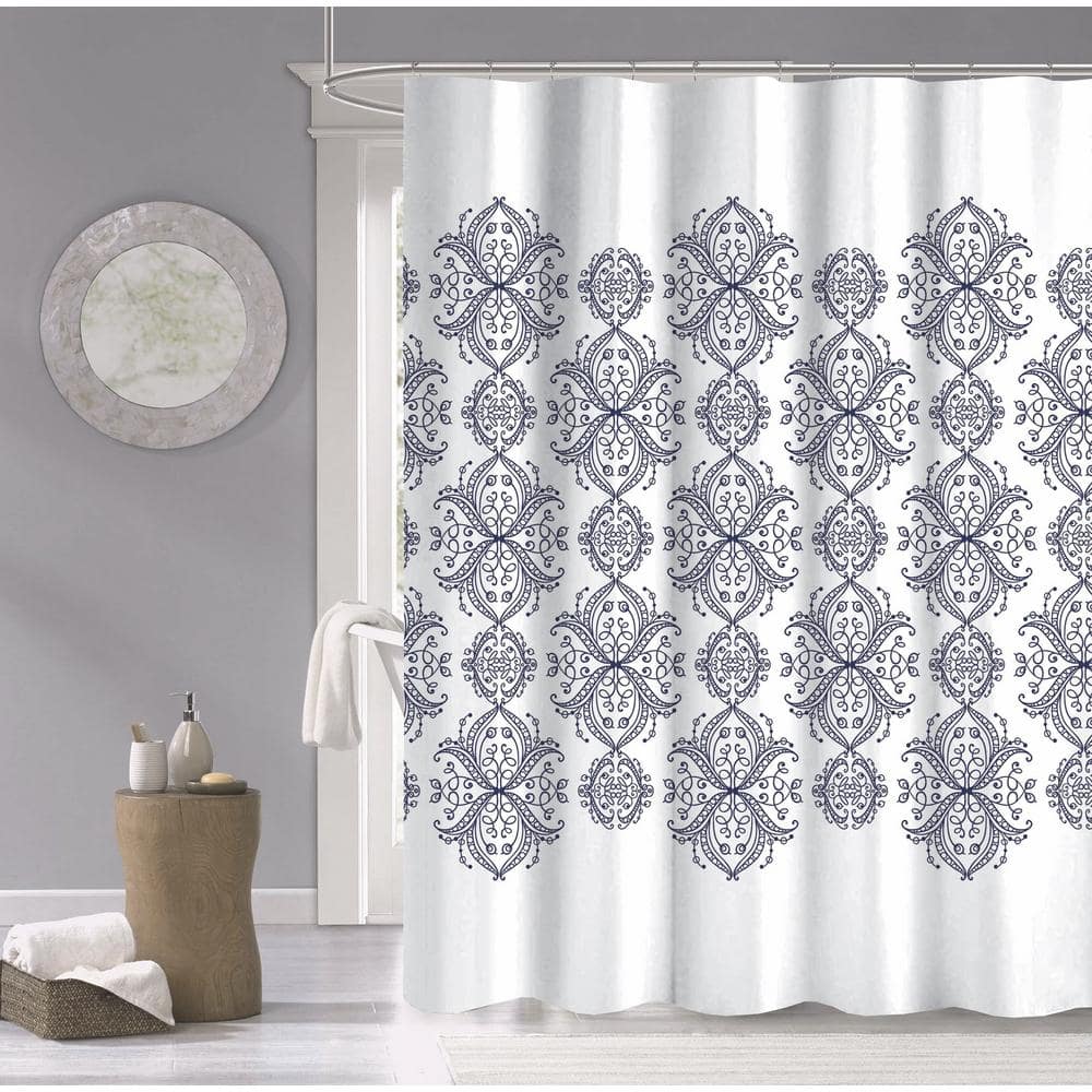 Navy 70 in. x 72 in. Royale Printed 100% Cotton Shower Curtain