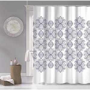 Navy 70 in. x 72 in. Royale Printed 100% Cotton Shower Curtain