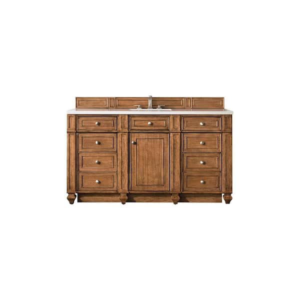 James Martin Vanities Bristol 60.0 in. W x 23.5 in. D x 34 in. H Bathroom Vanity in Saddle Brown with White Zeus Quartz Top