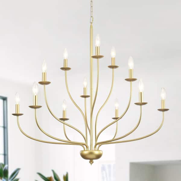 12-Light Transitional Gold Candlestick Chandelier Modern Pendant Light for Dining Room