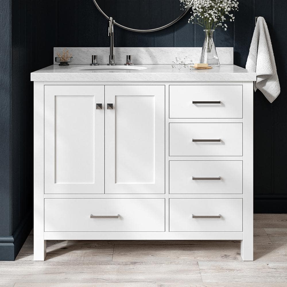 ARIEL Cambridge 43 in. W x 22 in. D x 36 in. H Bath Vanity in White with Carrara White Marble Top