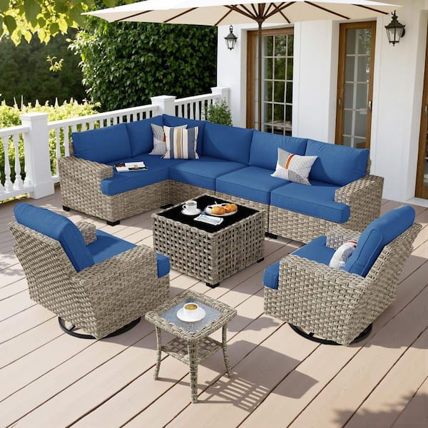XIZZI Eunoia 9-Pieces Wicker Patio Conversation Seating Sofa Set with Navy Blue Cushions and Swivel Rocking Chairs