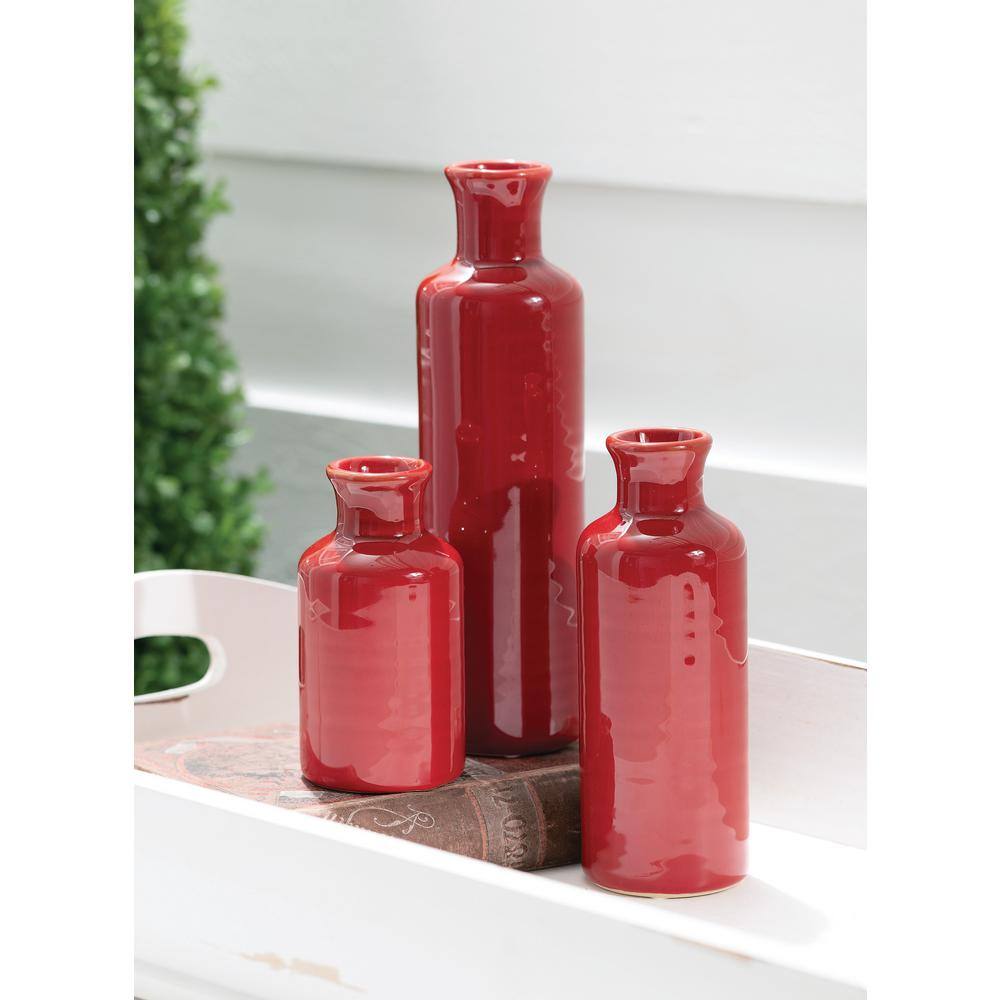 Red Ceramic Bottle Vase Set in Three Sizes