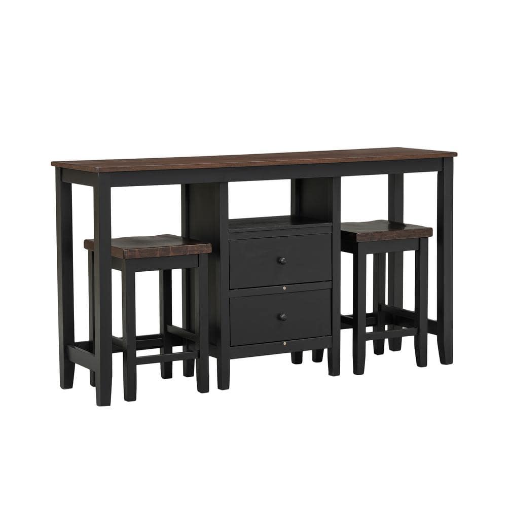 Black 3-Piece Wood Counter Height Outdoor Dining Table Set with Cabinet, 2-