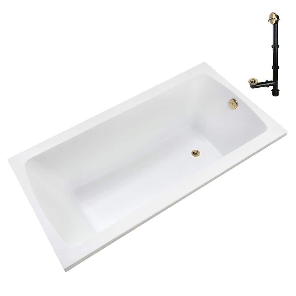 66" x 34" Glossy White Acrylic Soaking Drop-In Bathtub with Polished Brass Drain