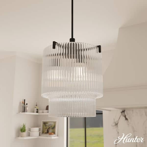Hunter Ontario 60-Watt 3 Light Matte Black Waterfall Pendant Light with Ribbed Glass Shades, No Bulbs Included