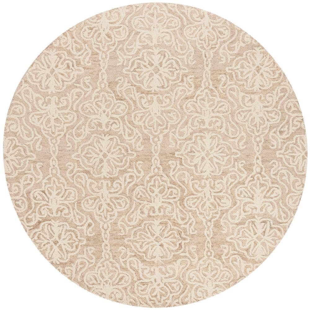 Beige and Ivory Floral Tufted Wool Round Rug, 6'