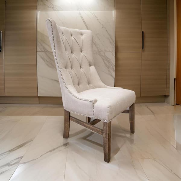 Benjara Ivory and Brown Polyester Wooden Frame Dining Chair (Set of 2)