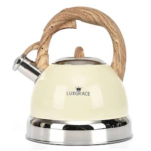 12 Cups Creamy White Stainless Steel Whistling Tea Kettle Teapot with Ergonomic Wood Rubber Touching Handle