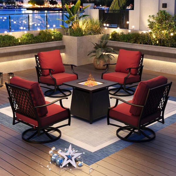 PHI VILLA Metal 4 Seat 5-Piece Steel Outdoor Patio Conversation Set with Red Cushions Swivel Chairs Square Fire Pit Table
