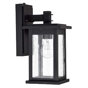 12.25 in. Matte Black Outdoor Decorative Wall Lantern Sconce Motion Sensing Dusk to Dawn with Clear Seeded Glass Shade