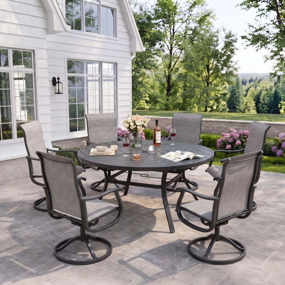 7-Piece Metal Outdoor Patio Dining Set with Round Table and High Back Padded Textilene Swivel Chairs in Gray price history on PriceWatchPro