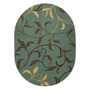 Ottohome Collection Non-Slip Rubberback Leaves 5x7 Indoor Oval Area Rug, 5 ft. x 6 ft. 6 in., Dark Seafoam Green