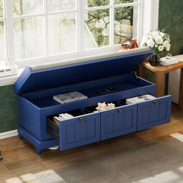 IDEAGLE Navy Blue 44 in. Bedroom Bench without Back 3-Drawers