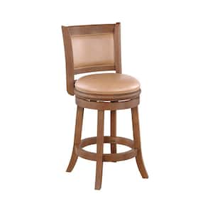 Augusta 26 in. Light Brown/Chestnut Wire-Brush Finis High Back Wood Swivel Bar Stool with Faux Leather