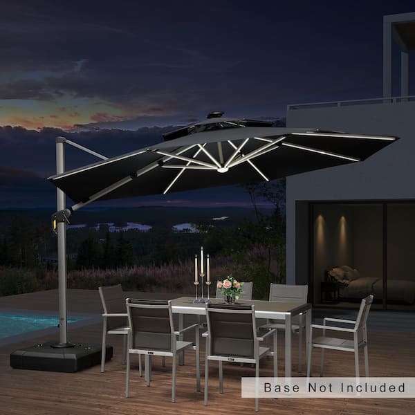 PURPLE LEAF 12 ft. Octagon Solar Powered LED Patio Umbrella Outdoor Round Large Cantilever Umbrella Heavy-Duty Sun Umbrella in Gray