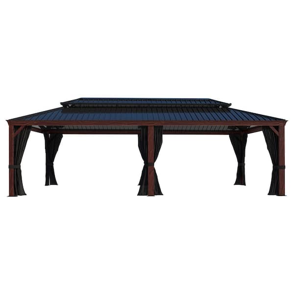 24 ft. x 14 ft. Wood Grain Aluminum Hardtop Gazebo Double Roof with Netting