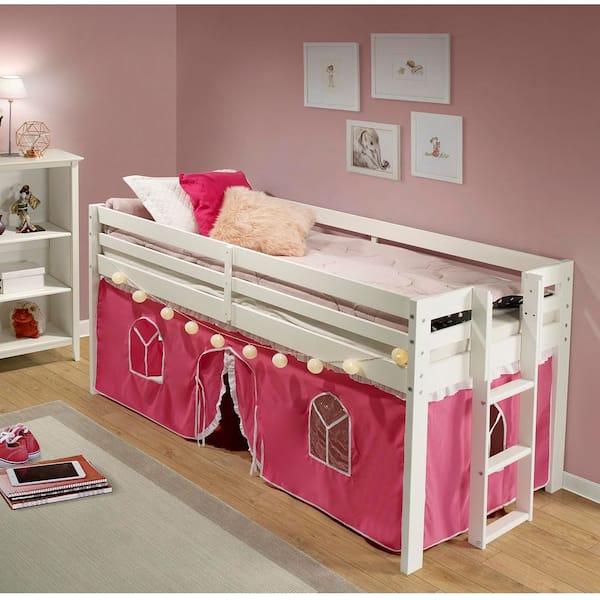 Jasper Twin Junior Loft Bed, White Frame and Pink/White Bottom Playhouse Tent