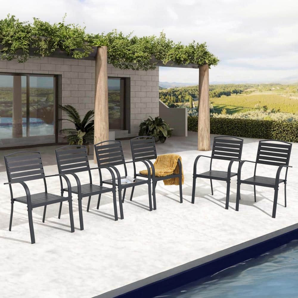 Black Aluminum Frame Outdoor Dining Armchairs, Set of 6