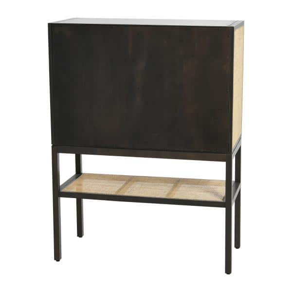 Gray Pine Wood Cabinet with Natural Rattan Details