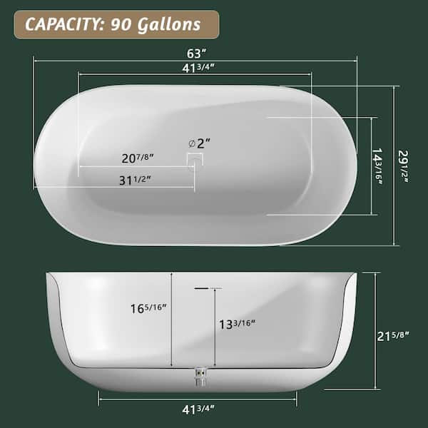63 in. x 29.5 in. Solid Surface Tub Stone Resin Flatbottom Freestanding Soaking Bathtub with Center Drain in Matte White