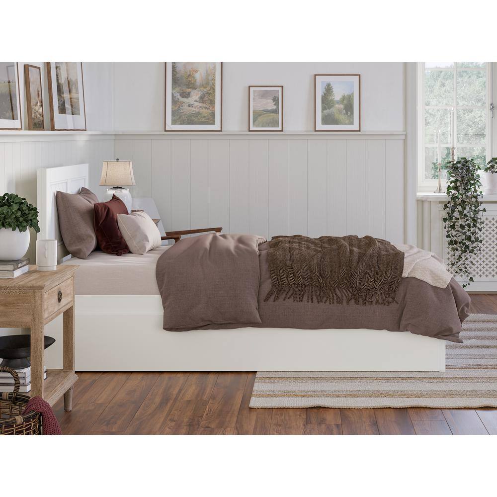 White Twin XL Wood Platform Bed with Trundle and Headboard