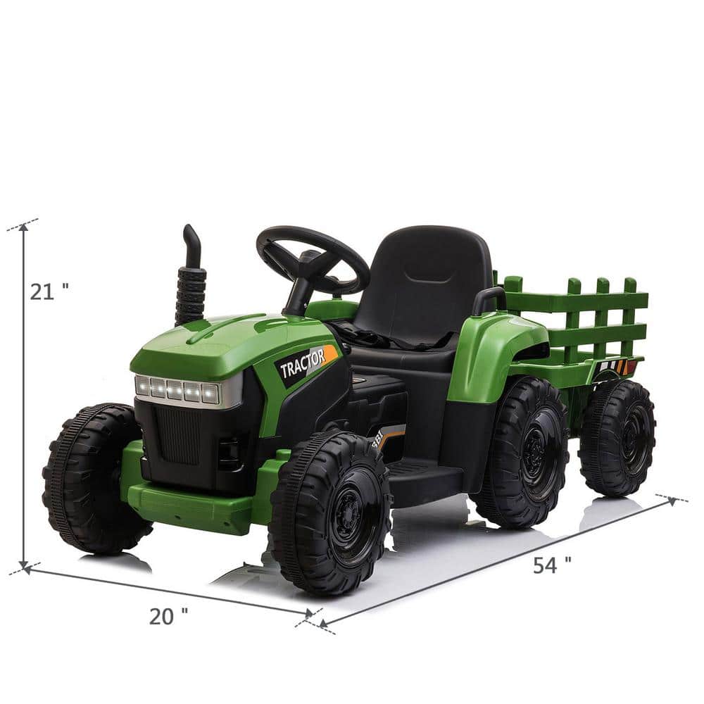 12V Green Ride-On Tractor with Trailer and LED Lights