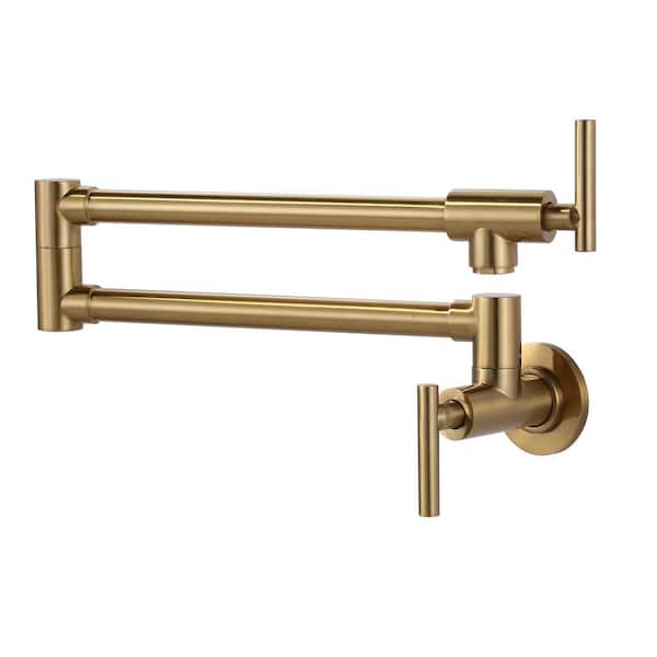 VEVETTA Wall Mounted Pot Filler 2-Handles Kitchen Faucet with 360° Spout Swivel in Brushed Gold