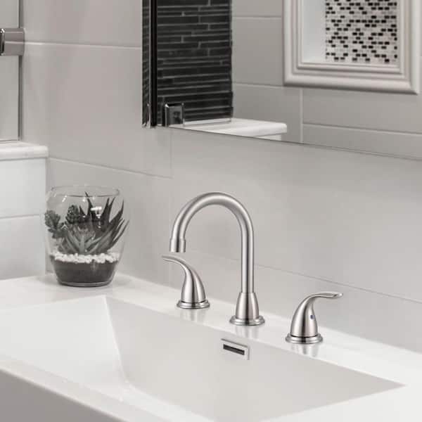 8 in. Widespread Double Handle High Arc Bathroom Faucet with Drain Kit included in Brushed Nickel