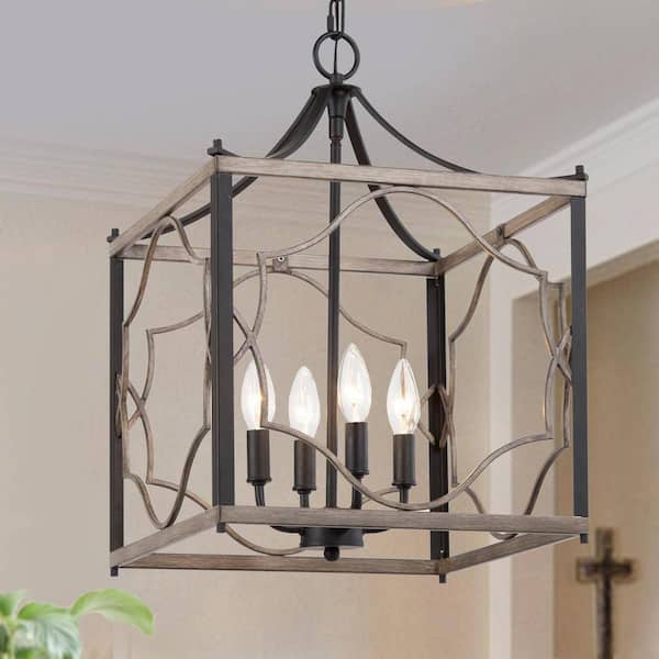 LNC Farmhouse Black Candlestick 4-Light Chandelier Faux Wood Gain Square Cage Pendant Chandelier