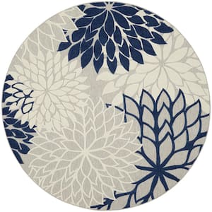 Aloha Ivory/Navy 8 ft. x 8 ft. Round Floral Modern Indoor/Outdoor Patio Area Rug