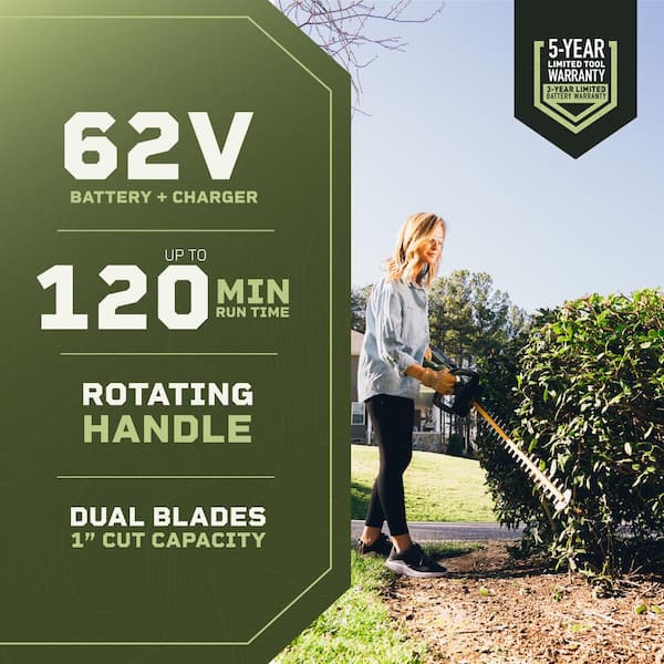 62V Brushless 25in. Cordless Battery Push start Hedge Trimmer with Rotating Handle and 2.5 Ah Batter and Rapid Charger