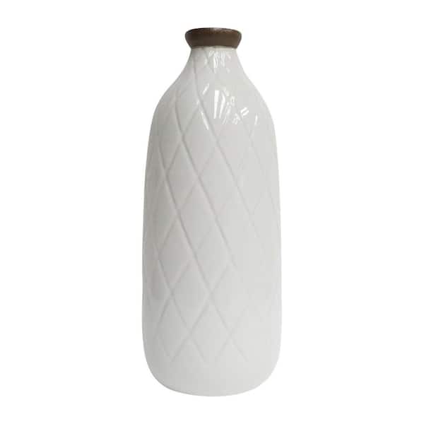 Liv & Skye 9 in. White Ceramic Cylinder Decorative Vase with Plaid Textured Design