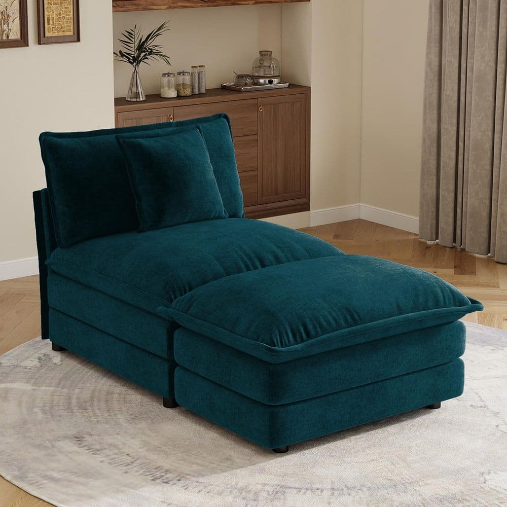 34.00 in. Modular Velvet Chaise Lounge, Armless Accent Cotton Sofa with 2 Pillows, Deep Seat Couch, Blue