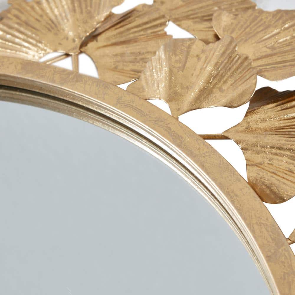 Luxurious Eden Gold Ginkgo Leaf Round Wood Wall Mirror 31"
