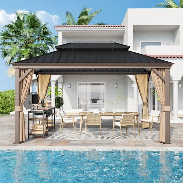 14 ft. x 10 ft. Outdoor Patio Aluminum Frame Gazebo with Double Hardtop Steel Roof, Mosquito Net and Curtains