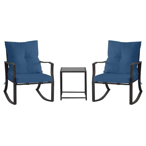 Unbranded 3-Piece Metal Outdoor Bistro Rocking Sets with Glass Coffee Table and Blue  Cushions for Garden, Balcony, Pool, Backyard
