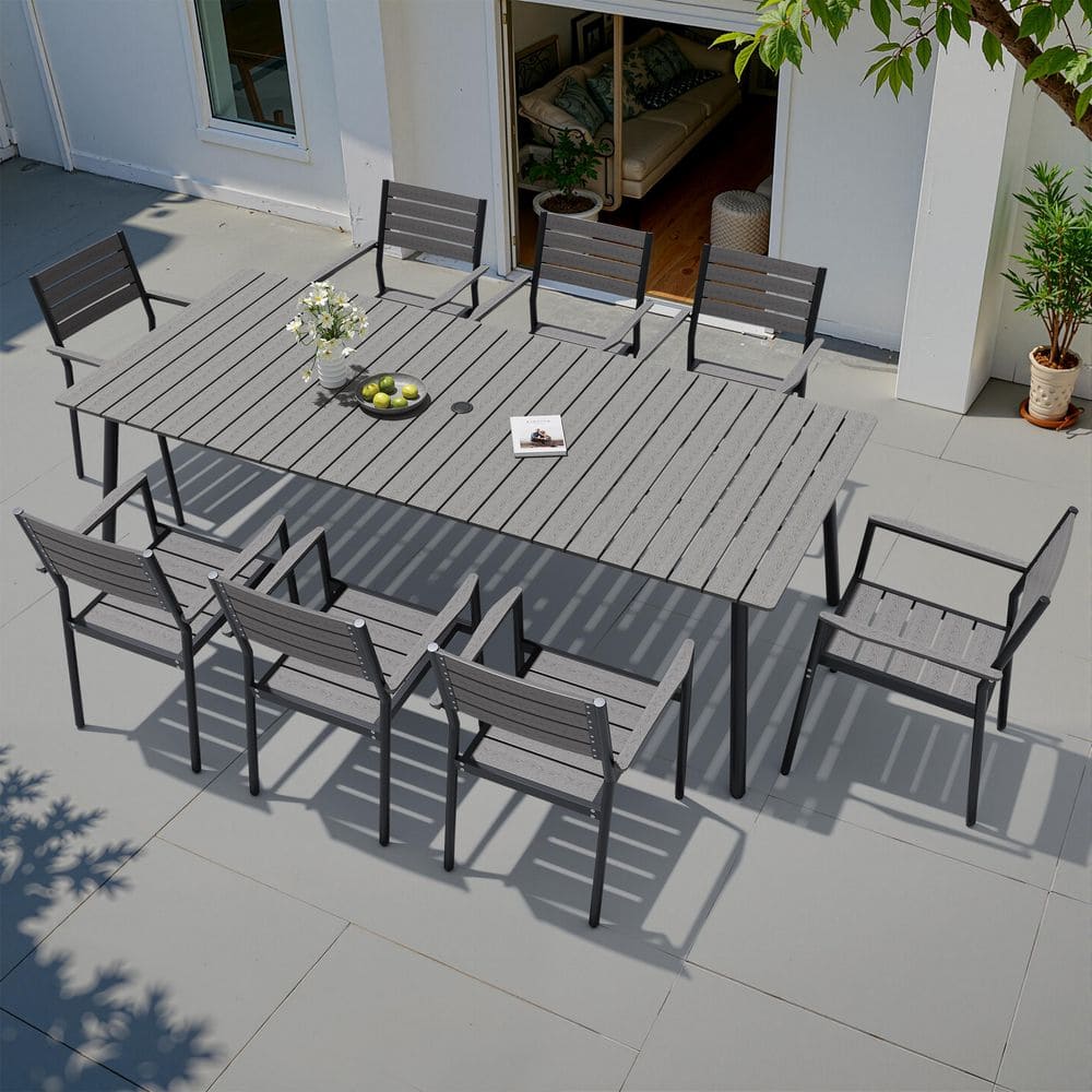9pcs Aluminum Outdoor Patio Dning Set 8 Stackable High Back Chair Gary WPC Table with 1.61in Umbrella Hole For Deck price history on PriceWatchPro