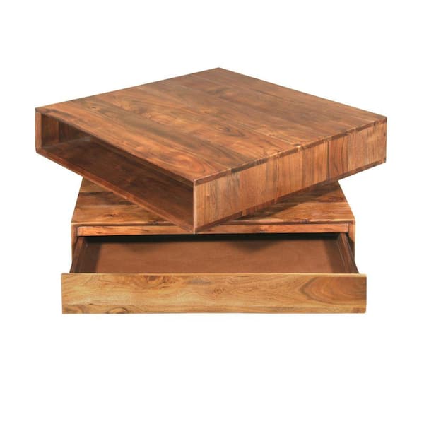 THE URBAN PORT 32 Inch L Brown Square Box Design Wooden Coffee Table with Swivel Storage Top and Drawer