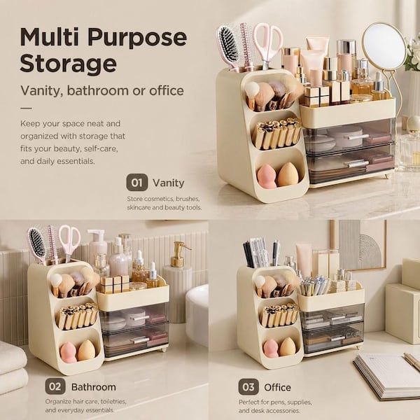 Numhew Large Makeup Organizer with Brush Holder for Lipsticks, Nail Polishes, Perfumes, Eyeshadow Palettes, Beige