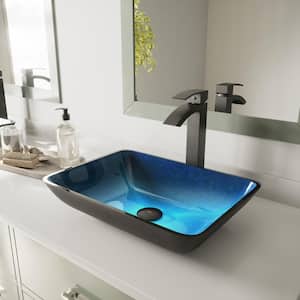 Donatello Turquoise Blue Glass 18 in. L x 13 in. W x 4 in. H Rectangular Vessel Bathroom Sink