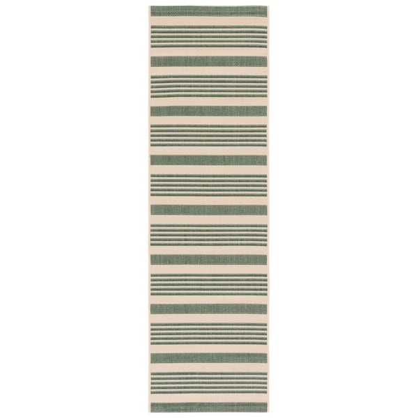 Courtyard Beige/Dark Green 2 ft. x 10 ft. Striped Indoor/Outdoor Runner Rug