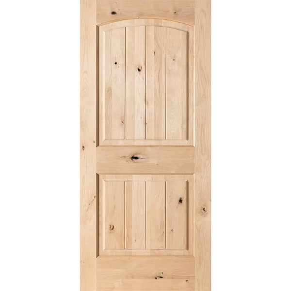 18 in. x 80 in. Knotty Alder 2 Panel Top Rail Arch with V-Groove Solid Wood Core Interior Door Slab