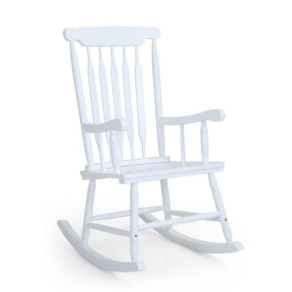 PHI VILLA White Wood Outdoor/Indoor Back Slat Rocking Chair